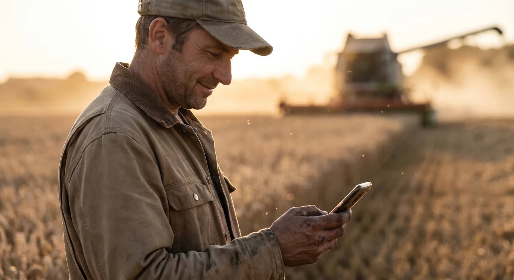 Un céréalier consulte son application dans son champ pendant la moisson