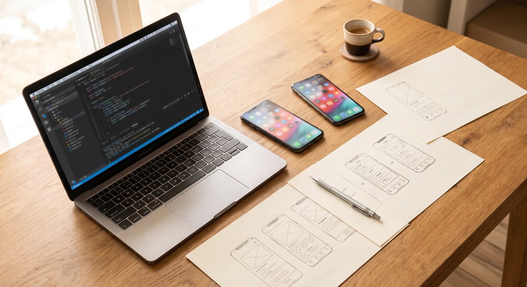 Le plan de travail du studio : ordinateur, téléphones de test et maquettes papier