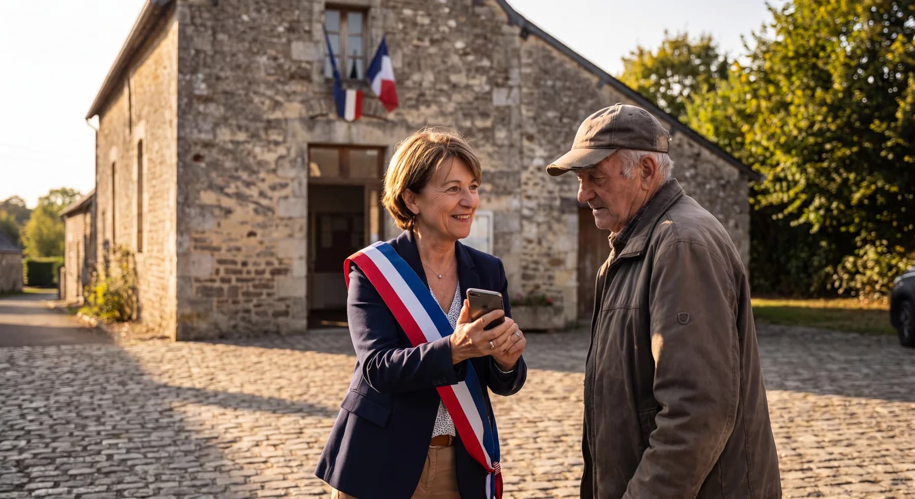 Une maire montre l'application de sa commune à un habitant devant la mairie